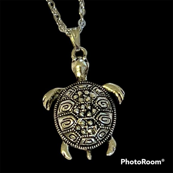 Silver Sea Turtle Necklace Marcasite Crystal Stainless Steel 20" Chain Plated - Picture 4 of 13